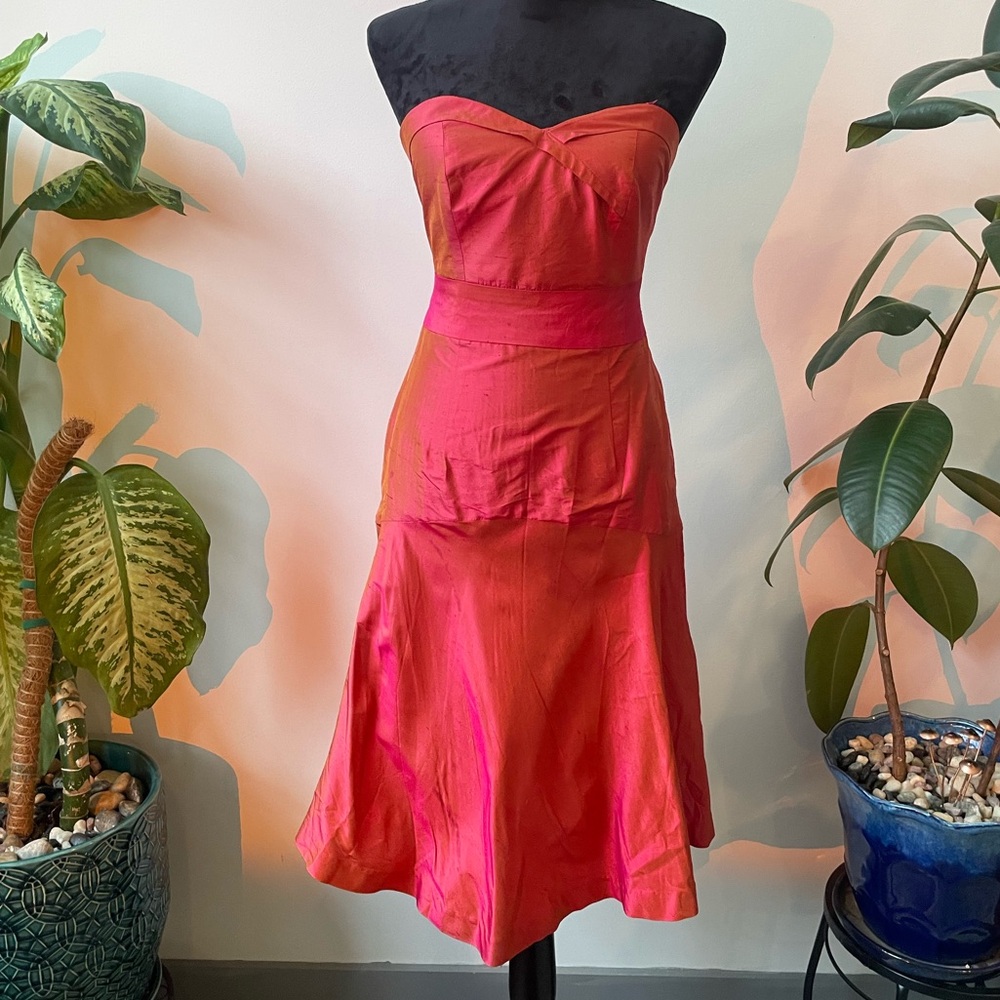 Aria Strapless Silk Dress in Vibrant Pink and Orange